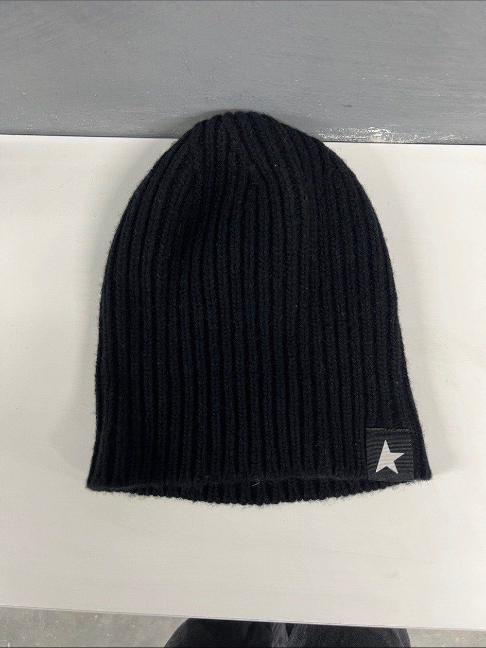 Golden Goose Black Ribbed Knit Beanie with Star Patch